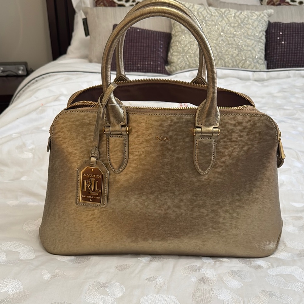Ralph Lauren Gold Satchel Bag with Metallic Finish new. Leather bag
